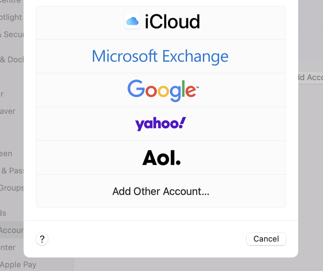 Add Account button in Apple Mail